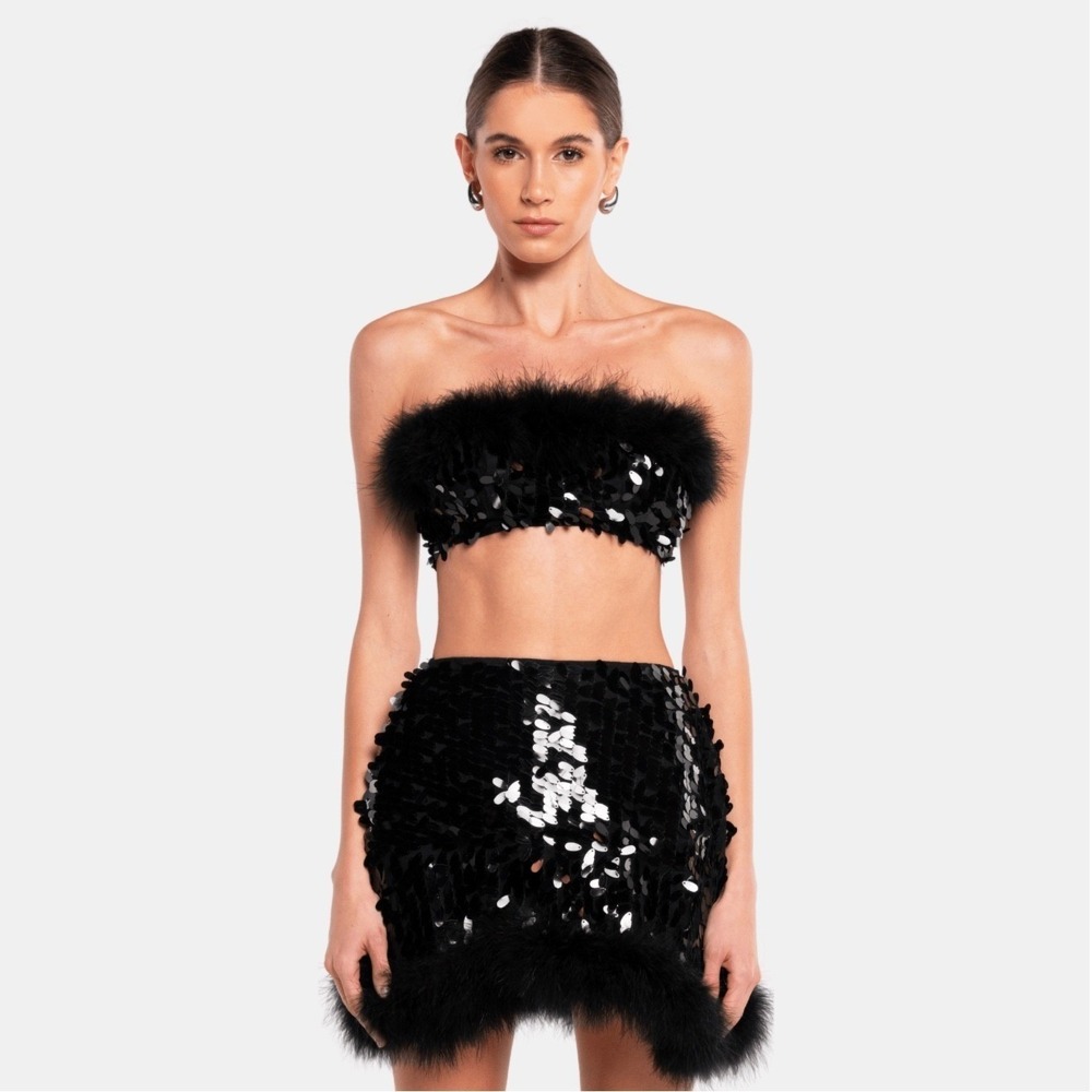 NWT OW Collection VIRGO Sequin Feather Top and Skirt Set Sz Small $550
